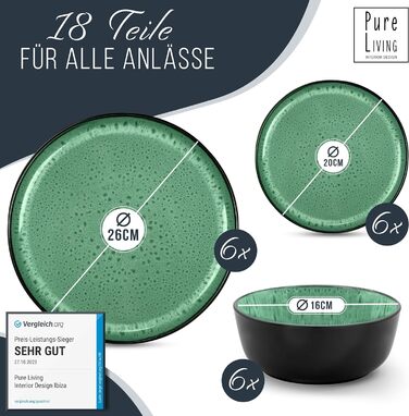 Глибоких тарілок з кераміки TEST VERY GOOD Серія Ibiza Тарілки для макаронів Noble, тарілки для супу Deep стильні тарілки для пасти 6 персон - Набір посуду 6 персон, обідня тарілка, набір посуду Black with (набір з 18 предметів, шавлія зелена), 6