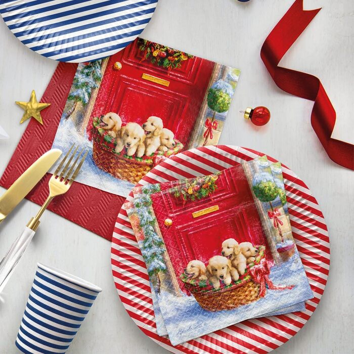 Серветки 3-шарові (33 x 33 см) I 20 шт. I Різнокольорові паперові серветки, ідеальні для різдвяного столу I Серветки - Різдво, зима, зірки, сніг, сніговики I (Різдвяні цуценята)