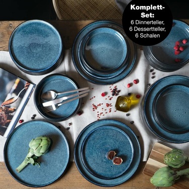 Набір тарілок на 6 персон, 18 предметів, синя реактивна глазур Moritz & Moritz