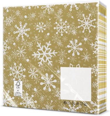 Серветки 3-шарові (33 x 33 см) I 20 шт. I Різнокольорові паперові серветки, ідеальні для різдвяного столу I Серветки - Різдво, зима, зірки, сніг, сніговики I (Подвійний дизайн різдвяних сніжинок, золотистий)