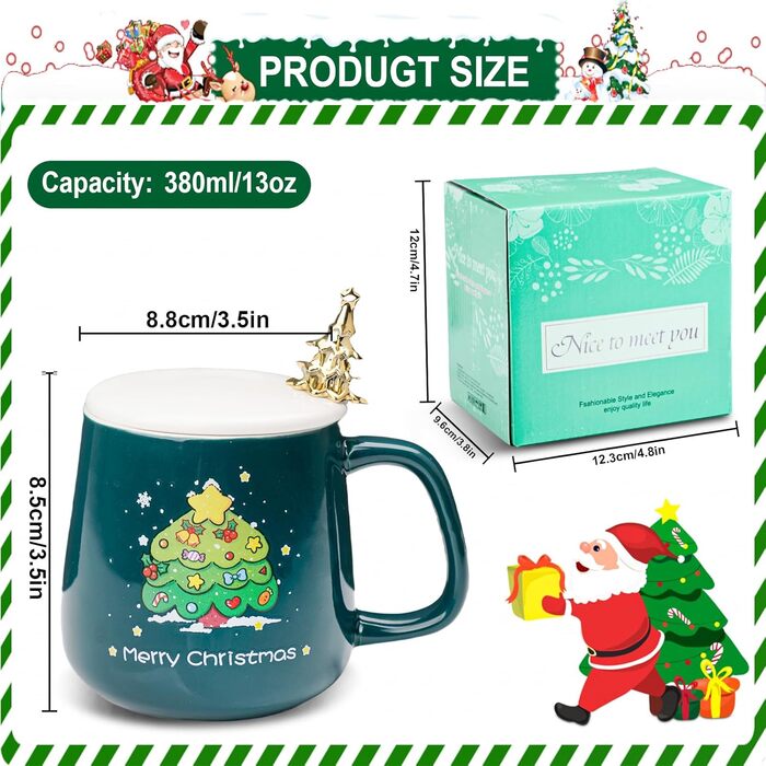 Милі кухлі Санта-Клауса ZONSUSE, кухоль з Різдвом Христовим, 3D різдвяна кружка, з ручками у формі цукерок та ложкою у формі ялинки, ідеї різдвяних подарунків для жінок і чоловіків 400 мл (A-зелений) (B-зелений)