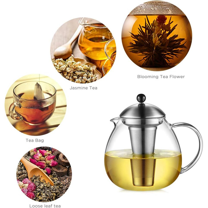 Скляний чайник 1500 мл із ситечком для чаю з нержавіючої сталі, велике боросилікатне скло Glastal
