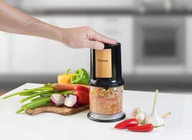 Электрический мультиизмельчитель Bestron, универсальный измельчитель с двумя режущими лезвиями и емкостью 500 мл, большая импульсная кнопка, 400 Вт, цвет (черный/дерево)