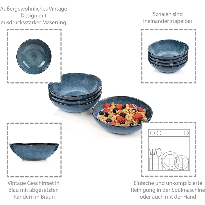 СПІВАЧКА Столовий сервіз Darwin 12 шт. , набір фаянсового посуду 4 персони, набір тарілок синього кольору в т.ч. обідня тарілка десертна тарілка & глибокі тарілки, столовий посуд, набір посуду ручної роботи (миски 4 шт.)