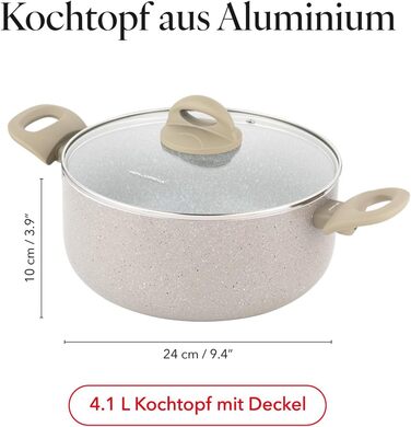Алюмінієва каструля FLORINA 16 см 1,6 л Підходить для індукції Керамічне покриття, стійке до подряпин М&39яка ручка під дерево Термостійка Для всіх варильних поверхонь Легко миється (ISLA, 4,1 л - 24 см)