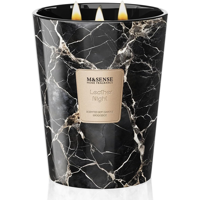 Велика ароматична свічка M&SENSE Чорні ароматичні свічки у склянці Ароматизована свічка з натурального соєвого воску Розслаблююча ароматерапія Подарунок для жінок та чоловіків, Різдво Час горіння 75 годин та 2 ґноти (Leather Night, 990 г)
