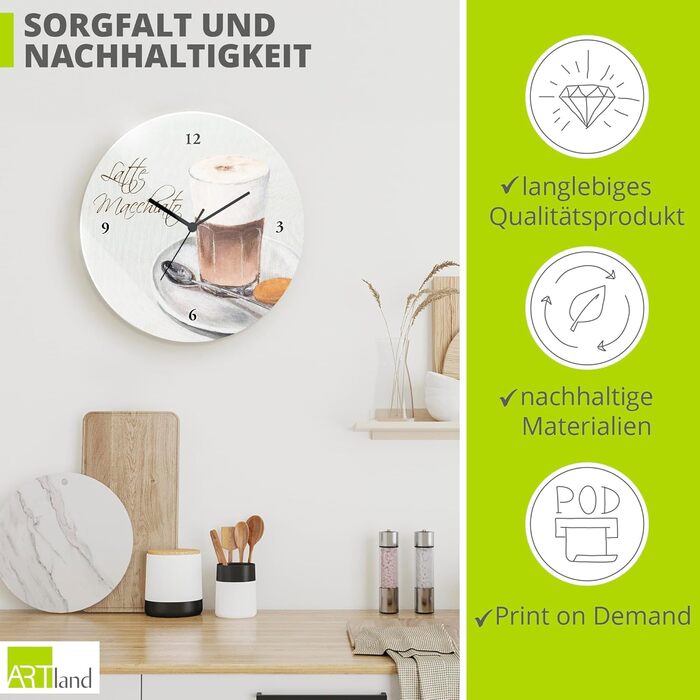 Настінний декор Настінний годинник без цокання Скло Ø 30 см Круглий Безшумний Фрукт Фрукти Апельсин у воді Фрукти Сучасна їжа T5UI (Лате макіато, кварцовий годинник)