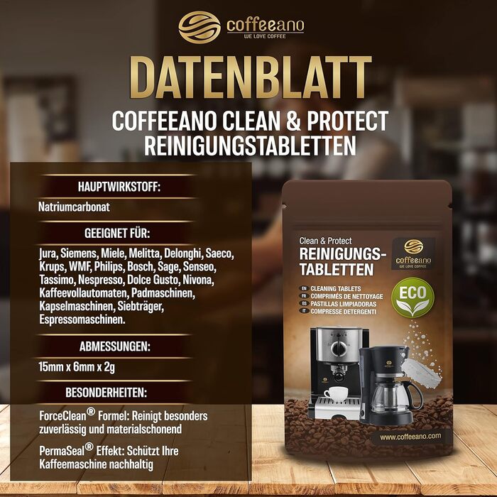 Таблеток для чищення повністю автоматичних кавоварок Jura, Siemens, серії EQ, Delonghi, Krups, Bosch, Miele, Melitta, WMF - таблетки для чищення Coffeeano для всіх типів і марок кавоварок, 250 таблеток (1 упаковка) (ECO, 80 таблеток (1 упаковка)), 250