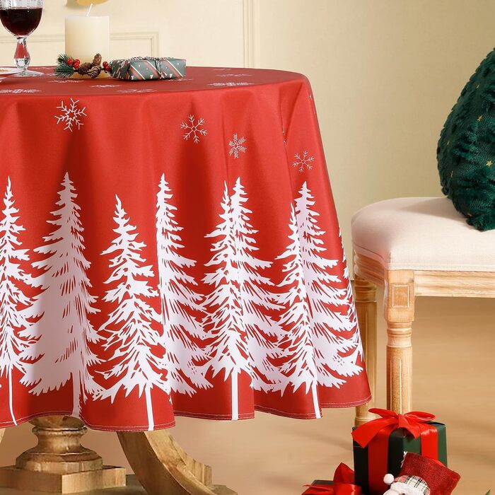 Велика різдвяна скатертина Softalker, яку можна прати, 300x150 см, сучасні різдвяні скатертини зі сніжинками та ялинковим мотивом для різдвяної вечері, сімейного свята, новорічної ночі, вулиці, кухні (180 см (кругла), червона)