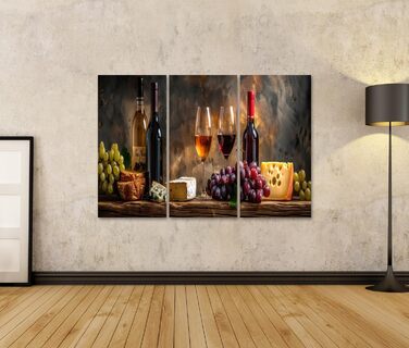 Друк на полотні Сільський натюрморт з пляшками вина, келихами, виноградом, сиром, хлібом на дерев&39яному столі Картини Настінний художній постер (полотно 130x80 см - 3 частини)
