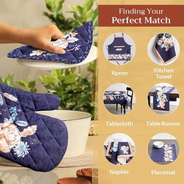 Рукавички для духовки Maison d&39 Hermine, Прихватки для каструль, 100 бавовна, термостійкі кухонні рукавички, рукавички для духовки (19 см x 33 см) та прихватки для каструль (20 см x 20 см) для приготування їжі, Morzine - Рукавички для духовки на День по