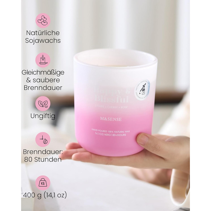 Ароматичні свічки M&SENSE Сосна та кедр у банці, велика соєва свічка 400 г з двома гнітами, час горіння 80 годин, ароматерапевтична свічка для йоги, спа та медитації. Подарунок для дівчини, дружини чи матері. Сосна та кедр (лічі, вишня та троянда)