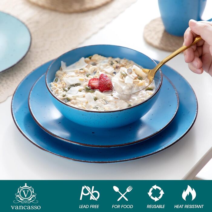 Столовий сервіз з керамограніту, набір посуду vancasso MODA, вінтажний зовнішній вигляд, комбінований сервіз із 40 предметів з 8 обідніми тарілками, тарілками для тортів, суповими тарілками, мисками та чашками кожна (синій колір, комбінований сервіз 16 шт