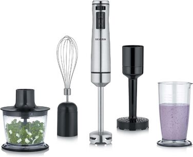 Аккумуляторный ручной блендер с комплектом премиум-класса, семный блендер, с погружным блендером, мультиизмельчителем, кувшином-блендером, толкушкой и венчиком для картофеля, черная/матовая нержавеющая сталь, SM 3775 (1 000 Вт, включая аксессуары премиум-