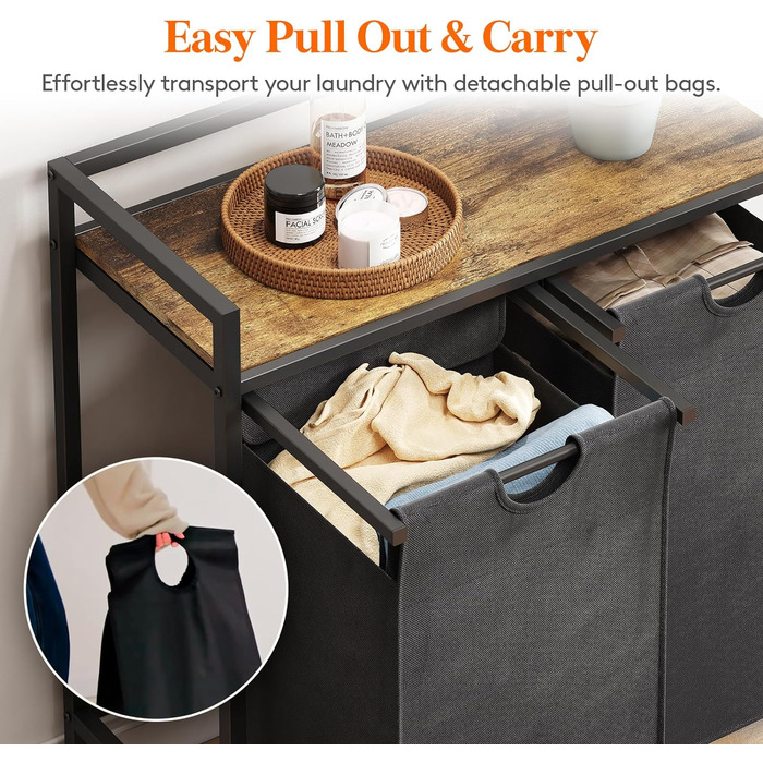 Сворачиваемая корзина для белья Lifewit, 95 л 2 выдвижные корзины для белья с верхней полкой и 2 семными сумками и ручками, сортировщик белья для прачечной, спальни, ванной комнаты и общего номера, черный 76x33,5x78 см Деревенский коричневый черный