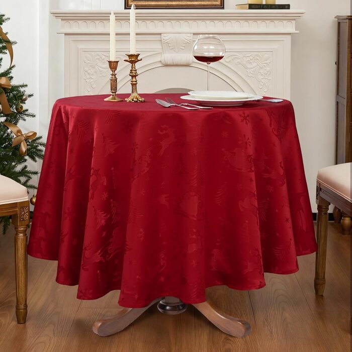Маленька різдвяна скатертина Romanstile, яку можна прати та вона водовідштовхувальна, жакардовий олень та ялинка, квадратна скатертина для журнального столика, святкова, подарункова ( 180 см, червона)