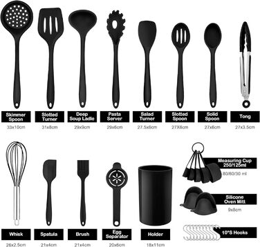 Силиконовый Набор Кухонных Гаджетов, 30 Предметов Кухонная Утварь С Держателем, Термостойкий Набор Кухонных Инструментов Для Антипригарной Посуды Сковороды, Шпатели, Щипцы 10 Крючков, Сейф Для Посудомоечной Машины - Черный