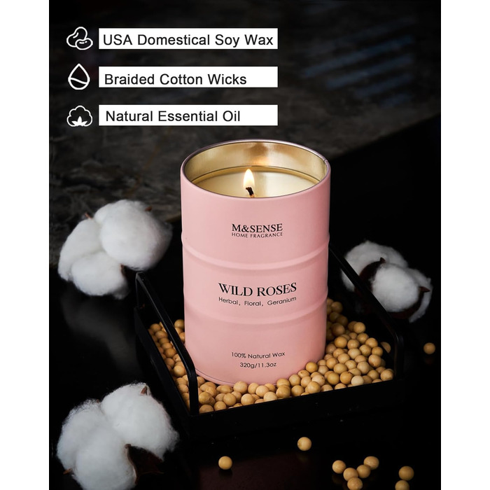 Ароматичні свічки M&SENSE з натурального соєвого воску, натуральна соєва свічка для домашнього декору, тривалий час горіння до 70 годин, класні подарунки-свічки для чоловіків і жінок (320 г, дикі троянди)
