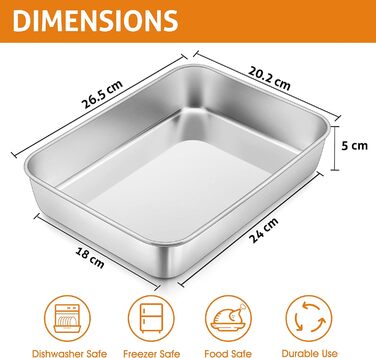 Глибока форма для випікання, деко для випікання з нержавіючої сталі Herogo (3 x 24 x 5 см), прямокутна форма для випікання лазаньї з тортом брауні, нетоксична та корисна, світловідбиваюча, нержавіюча, міцна та придатна для миття в посудомийній машині 3x24