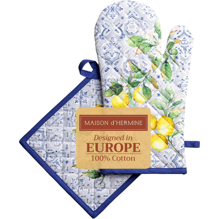 Рукавички для духовки Maison d&39 Hermine, Прихватки для каструль, 100 бавовна, термостійкі кухонні рукавички, рукавички для духовки (19 x 33 см) та прихватки для каструль (20 x 20 см) для приготування їжі, Morzine - Рукавички для духовки (19 x 33 см) та 