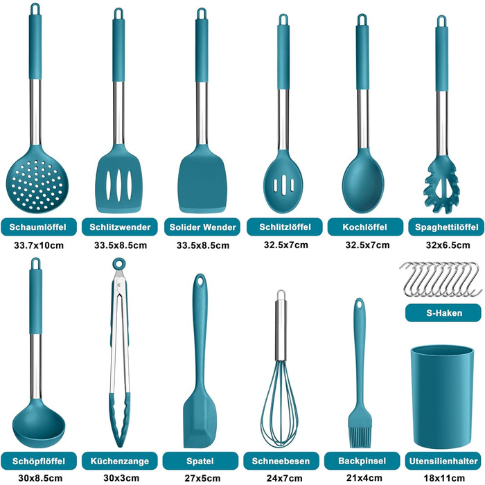 Набір силіконових кухонних гаджетів Herogo, набір кухонного посуду з 22 предметів Набір кухонних столових приборів із тримачем для посуду, термостійке кухонне начиння з ручкою з нержавіючої сталі, антипригарне та здорове (синій)