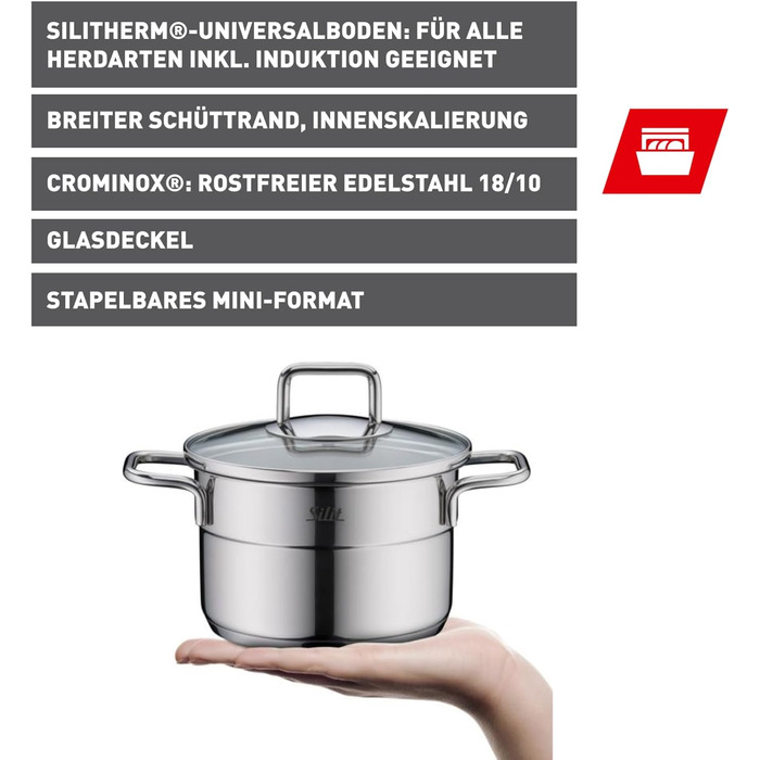 Набір посуду Silit Extra Cook каструлі 12/14 см зі скляною кришкою, внутрішньою мірною шкалою, широким обідком для зливу, нержавіюча сталь Crominox, для невеликих порцій, компактне зберігання, запобігає розтіканню (каструля для мяса, 14 см)