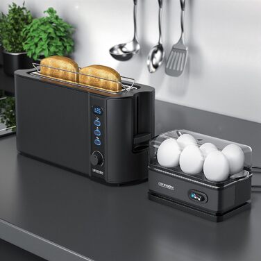 Яйцеварка из нержавеющей стали с функцией поддержания тепла - Тумблер функций со световой индикацией - Свободно выбираемая степень твердости - Матовая нержавеющая сталь - Не содержит бисфенола А - в холодном сером цвете (C черный)