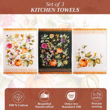 Набір із 3 багатоцільових кухонних рушників Maison d&39 Hermine Rural Christmas, 100 бавовна Барні рушники День подяки/Різдво (50 см x 70 см) (08 - Гарбузовий сад - Хмарно-кремовий)