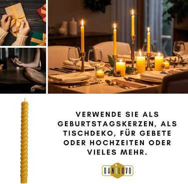 Набір з 4 конічних спіральних свічок 2 х 25 см з бджолиного воску, жовтий Danilovo