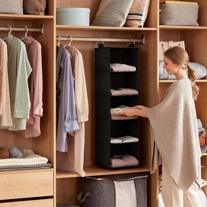 Підвісна полиця Lifewit з 2 предметів, органайзер для шафи, шафа-купе з підвісною системою, тканинне підвісне сховище, органайзер для шафи, складний і компактний з металевими гачками, 5 відділень, (чорний, 5 відділень x 2)