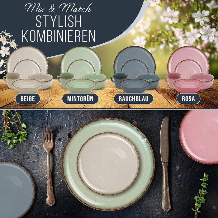 Набір посуду з керамограніту 6 персон Рустик 24 шт. - Набір посуду в сільському стилі, можна мити в посудомийній машині - Набір мисок і тарілок - Чистий живий посуд в (миски (6x), рожеві)