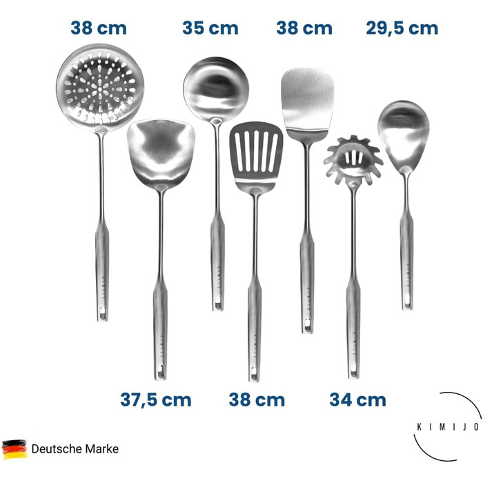Набір кухонного начиння KIMIJO з 7 предметів з нержавіючої сталі - Високоякісне кухонне начиння для воку та кухні - Ложка для сервірування, шумівка, лопатка, ложка для перевертання риби, ополоник, ложка для спагетті та ложка для перевертання воку