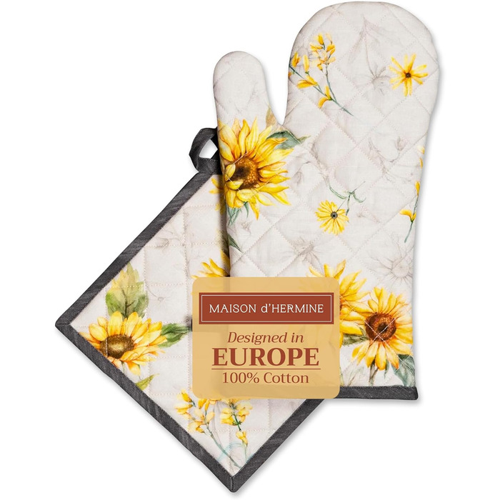 Рукавички для духовки Maison d&39 Hermine, Прихватки для каструль, 100 бавовна, термостійкі кухонні рукавички, рукавички для духовки (19 x 33 см) та прихватки для каструль (20 x 20 см) для приготування їжі, Morzine - Рукавички для духовки (19 x 33 см) та 