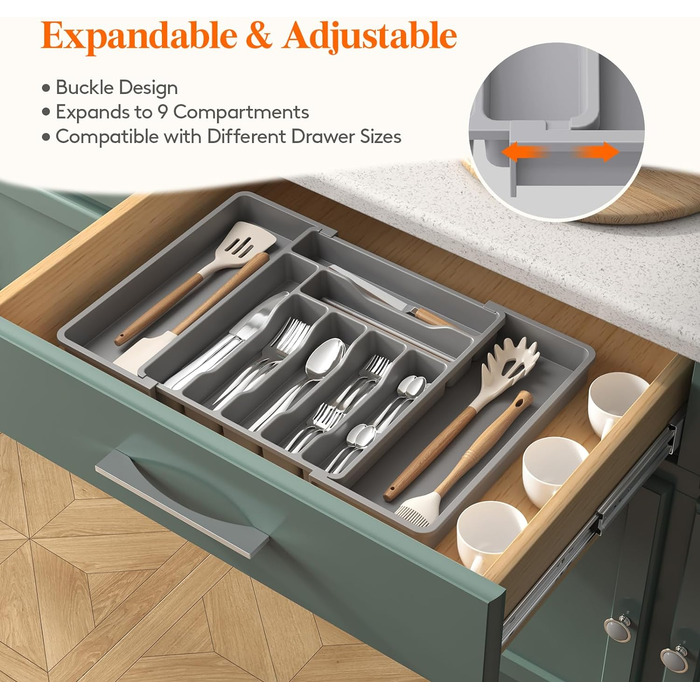 Органайзер для столовых приборов 57 х 38 см для выдвижных ящиков, 9 отделений, серый Lifewit