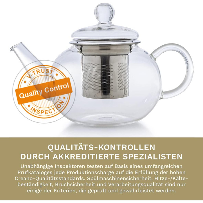 Скляний чайник Creano Glass Teapot з 3 частин із вбудованим ситечком з нержавіючої сталі та скляною кришкою, ідеально підходить для приготування сипучих чаїв, без крапель, моноблок (0,8 л)