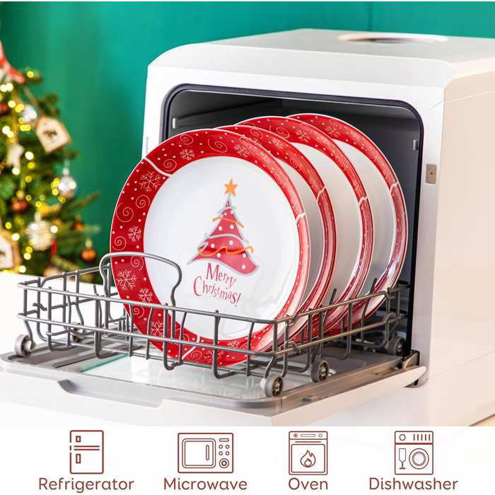 Серія 30-предметний порцеляновий різдвяний набір посуду на 6 осіб, різдвяний кавовий сервіз на 6 обідніх тарілок, 6 десертних тарілок, 6 супових тарілок, 6 кавових чашок та 6 блюдець (різдвяна ялинка, тарілка для пасти на 4 предмети)