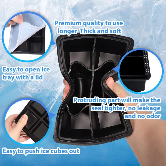 Форма для льоду LessMo XXL, 3 шт., силіконова форма для льоду на 18 отворів з кришкою, великі кубики льоду 4,8 см, штабельовані та придатні для миття в посудомийній машині, без BPA для пива, коктейлів, віскі (2 шт. чорного кольору)