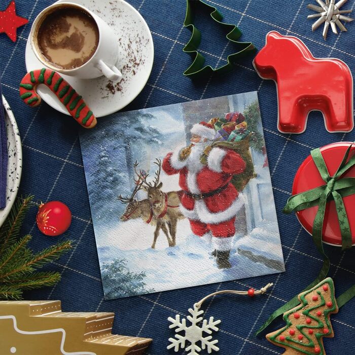 Серветки 3-шарові (33 x 33 см) I 20 шт. I Різнокольорові паперові серветки, ідеальні для різдвяного столу I Серветки - Різдво, зима, зірки, сніг, сніговики I (Санта іде)