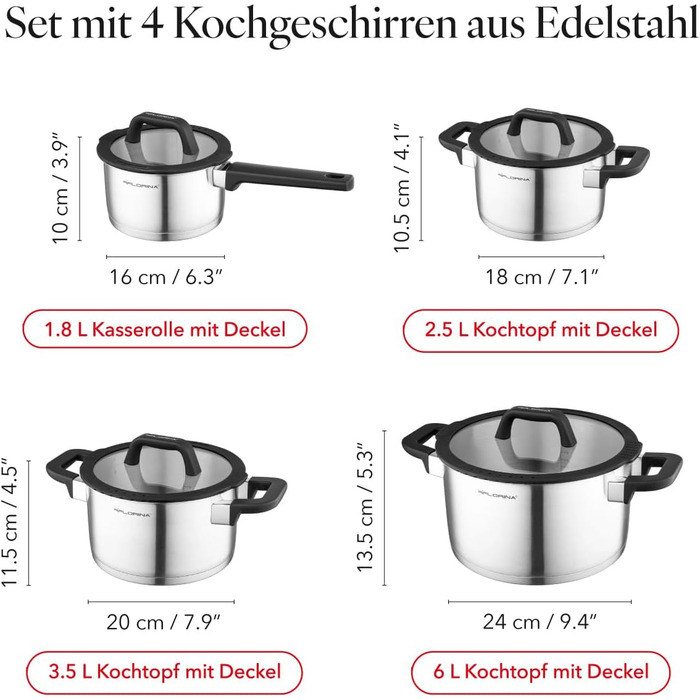 Набір посуду FLORINA 4 предмети Нержавіюча сталь 18/0 Кришка із загартованого скла Для індукційних, газових, електричних та керамічних варильних поверхонь Можна мити в посудомийній машині Високоякісний набір посуду для кожної кухні (8 предметів, Chef)