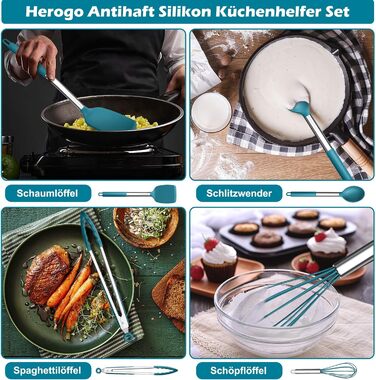 Набор кухонных гаджетов Herogo, 9 предметов силиконовой кухонной утвари, набор кухонных столовых приборов с держателем для посуды, набор шпателей для кухонной утвари с ручкой из нержавеющей стали, термостойкий и антипригарный (синий)