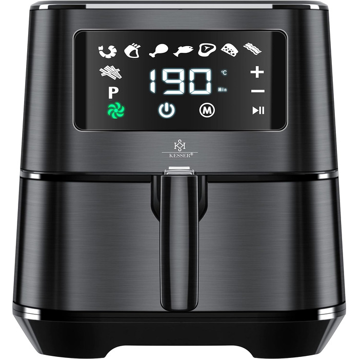 Фритюрниця KESSER XXL 5.5 літрів з нержавіючої сталі В т.ч. Кошик для випічки хліба Фритюрниця 1700 Вт Фритюрниця Аерофритюрниця Сенсорний дисплей 8 Програми без НАФТИ Піч Конвекція Гриль Знежирений (чорний)