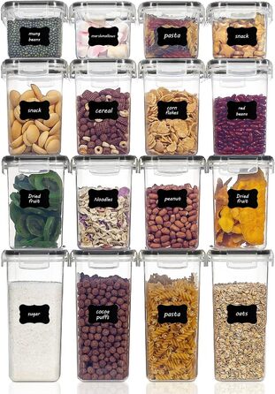 Набор банок для хранения Vtopmart из 16 предметов, банки для мюсли и банки для хранения пищевых продуктов, герметичные пластиковые банки для хранения без бисфенола А, 24 этикетки для зерна, муки, сахара (черные) SVM02007