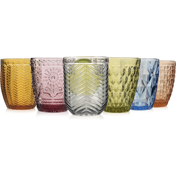 Набір склянок для пиття Singer Набір скляних склянок Porto з 6 предметів для 6 осіб, склянка для води, різнокольорова, унікальна нарізка, повсякденний, сімейна вечеря, офіс, набір склянок для соку на відкритому повітрі 310 мл поштові 6 шт.
