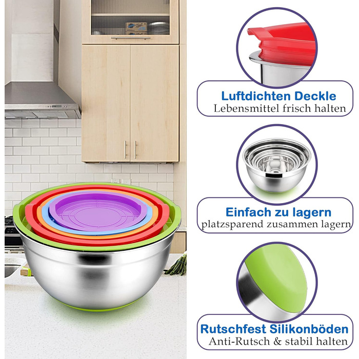 Набір мисок для змішування Herogo з 6 шт. , набір салатниць з нержавіючої сталі з герметичною кришкою та нековзним дном, чудово підходить для приготування/випічки/зберігання/сервірування, штабельований, 0,7 л/1,2 л/1,4 л/2 л/3,3 л/6,7 л барвистий