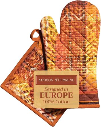 Рукавички для духовки Maison d&39 Hermine, Прихватки для каструль, 100 бавовна, термостійкі кухонні рукавички, рукавички для духовки (19 x 33 см) та прихватки для каструль (20 x 20 см) для приготування їжі, Morzine - Рукавички для духовки (19 x 33 см) та 