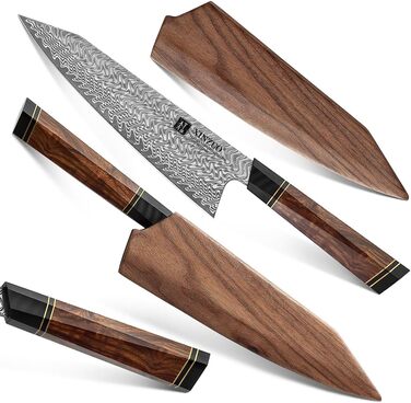 Кухарський ніж з дамаської сталі 21,5 см з магнітним чохлом та дерев'яним футляром XINZUO