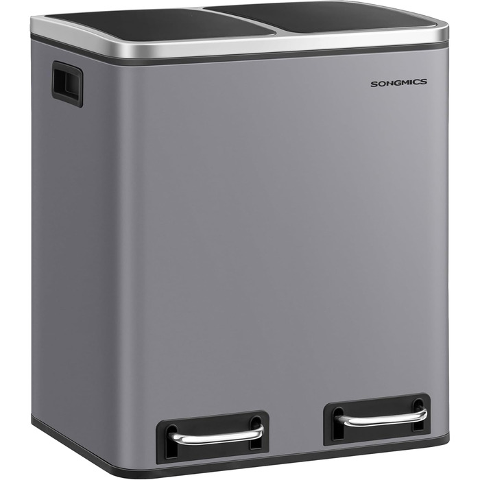 Кухонний кошик для сміття, 2 x 15 літрів, система розділення сміття, 2 відділення, включаючи 15 мішків для сміття, відро для сміття, відро для сміття на педалі, перероблені відходи, органічні відходи, кришка з мяким закриттям, LTB30BK (матово-сірий)