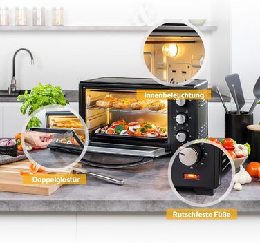 Міні-духівка 20 л 1380 Вт - Міні-духівка з плавним контролем температури до 230C - Міні-духівка з таймером на 60 хвилин, 3 рівнями висоти полиць, деком та решіткою для гриля - Для невеликих кухонь та кемпінгу