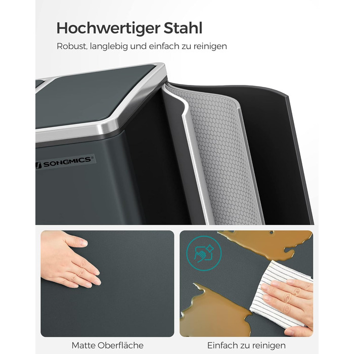 Кухонний контейнер для сміття SONGMICS, 3 x 18 л, система розділення сміття з 3 відділеннями, включаючи 15 мішків для сміття, відро для сміття, відро для сміття на педалі, для перероблених відходів, органічних відходів, з кришкою, LTB54BK (зелено-сірий)