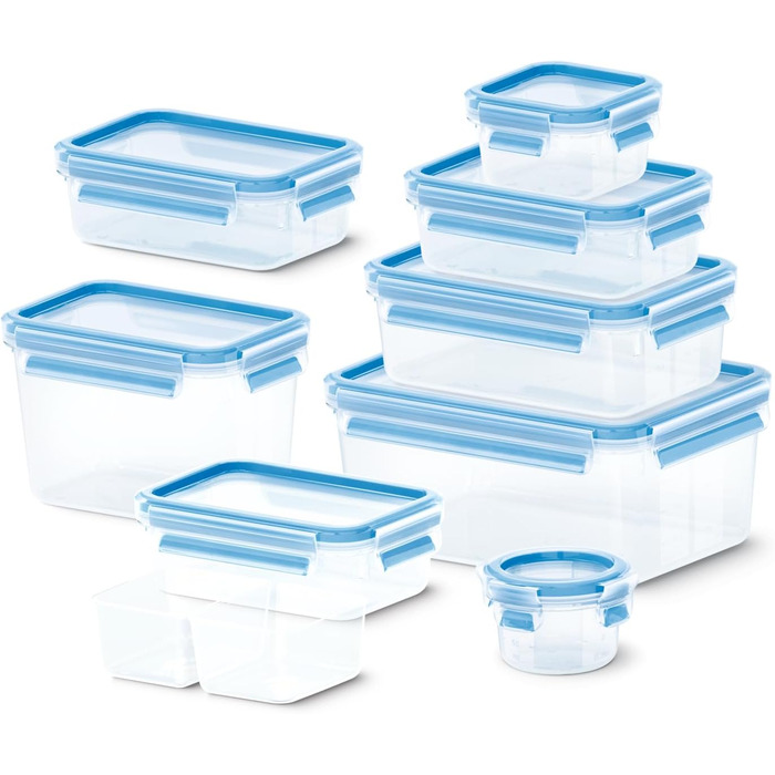 Набір контейнерів для зберігання харчових продуктів EMSA Clip & Close, прямокутні, 5 x 0,8 л, коробки для зберігання, 100 герметичні, придатні для миття в посудомийній машині, морозильної камери та мікрохвильової печі, прозорі, сині, зроблені в Німеччині,